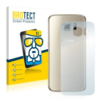 Vorderseite einer Produktverpackung mit dem Markenlogo BROTECT. Daneben ist das Gerät Samsung SM-G920F (Rückseite) mit dem zug