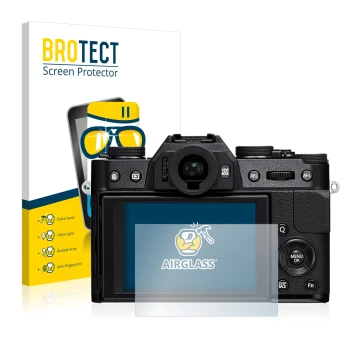 Vorderseite einer Produktverpackung mit dem Markenlogo BROTECT. Daneben ist das Gerät Fujifilm X-T10 mit dem zugehörigen Displ