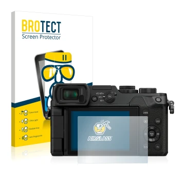 Vorderseite einer Produktverpackung mit dem Markenlogo BROTECT. Daneben ist das Gerät Panasonic Lumix DMC-GX8 mit dem zugehöri