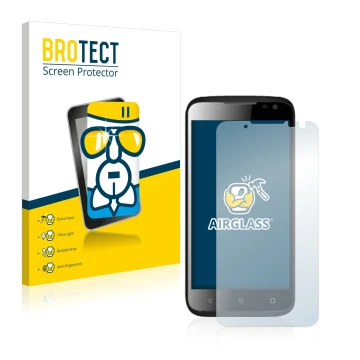 Vorderseite einer Produktverpackung mit dem Markenlogo BROTECT. Daneben ist das Gerät Yezz Andy 4.5EL mit dem zugehörigen Disp