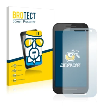Vorderseite einer Produktverpackung mit dem Markenlogo BROTECT. Daneben ist das Gerät Motorola Moto G 3rd 2015 mit dem zugehör