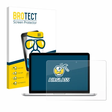 Vorderseite einer Produktverpackung mit dem Markenlogo BROTECT. Daneben ist das Gerät Apple MacBook Retina Pro 13