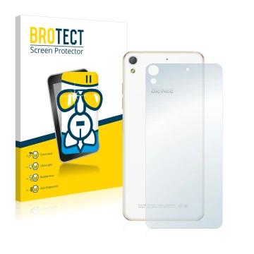 Vorderseite einer Produktverpackung mit dem Markenlogo BROTECT. Daneben ist das Gerät Gionee Elife S5.1 Pro (Rückseite) mit de