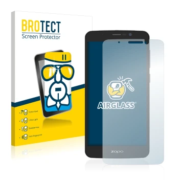 Vorderseite einer Produktverpackung mit dem Markenlogo BROTECT. Daneben ist das Gerät Zopo Color E5.5 mit dem zugehörigen Disp