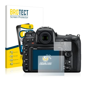 Vorderseite einer Produktverpackung mit dem Markenlogo BROTECT. Daneben ist das Gerät Nikon D500 mit dem zugehörigen Displaysc