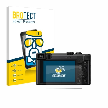 Vorderseite einer Produktverpackung mit dem Markenlogo BROTECT. Daneben ist das Gerät Panasonic Lumix DMC-TZ80 mit dem zugehör