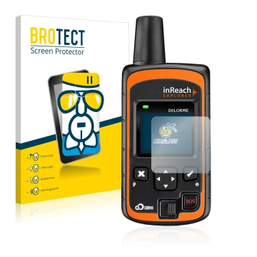 Vorderseite einer Produktverpackung mit dem Markenlogo BROTECT. Daneben ist das Gerät DeLorme inReach Explorer mit dem zugehör