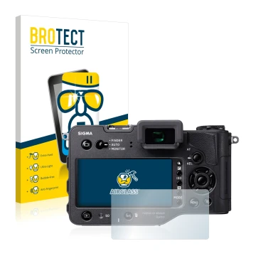 Vorderseite einer Produktverpackung mit dem Markenlogo BROTECT. Daneben ist das Gerät Sigma SD Quattro H mit dem zugehörigen D