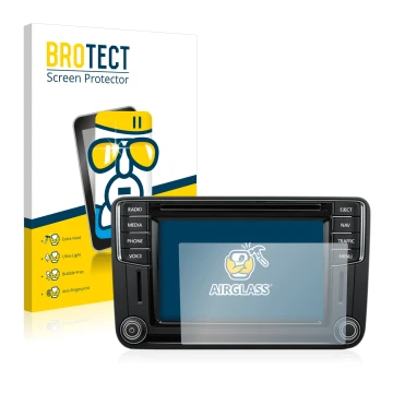 Vorderseite einer Produktverpackung mit dem Markenlogo BROTECT. Daneben ist das Gerät Volkswagen T6 2016 Discover Media Plus 2