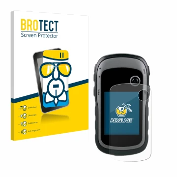 Vorderseite einer Produktverpackung mit dem Markenlogo BROTECT. Daneben ist das Gerät Garmin eTrex 30x mit dem zugehörigen Dis