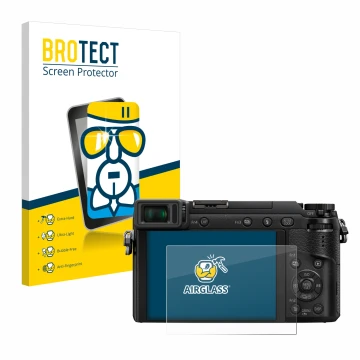 Vorderseite einer Produktverpackung mit dem Markenlogo BROTECT. Daneben ist das Gerät Panasonic Lumix DMC-GX80 mit dem zugehör