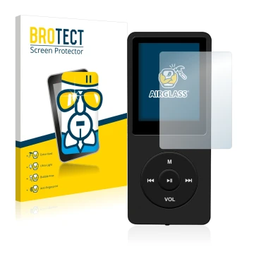 Vorderseite einer Produktverpackung mit dem Markenlogo BROTECT. Daneben ist das Gerät AGPtek 8GB MP3-Player mit dem zugehörige