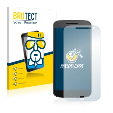 Vorderseite einer Produktverpackung mit dem Markenlogo BROTECT. Daneben ist das Gerät Motorola Moto G4 Plus mit dem zugehörige
