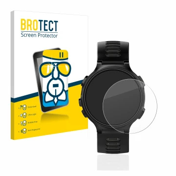 Vorderseite einer Produktverpackung mit dem Markenlogo BROTECT. Daneben ist das Gerät Garmin Forerunner 735XT mit dem zugehöri