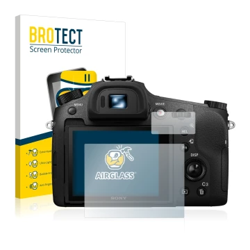 Vorderseite einer Produktverpackung mit dem Markenlogo BROTECT. Daneben ist das Gerät Sony Cyber-Shot DSC-RX10 III mit dem zug