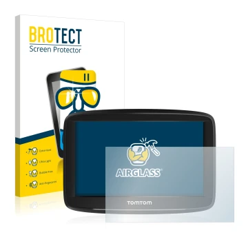 Vorderseite einer Produktverpackung mit dem Markenlogo BROTECT. Daneben ist das Gerät TomTom Start 52 mit dem zugehörigen Disp