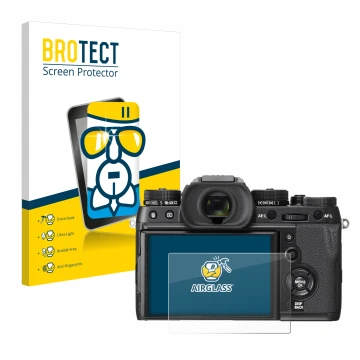 Vorderseite einer Produktverpackung mit dem Markenlogo BROTECT. Daneben ist das Gerät Fujifilm X-T2 mit dem zugehörigen Displa