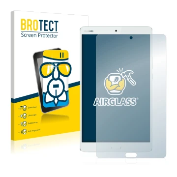 Vorderseite einer Produktverpackung mit dem Markenlogo BROTECT. Daneben ist das Gerät Huawei MediaPad M3 8.4 mit dem zugehörig