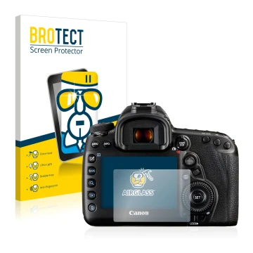 Vorderseite einer Produktverpackung mit dem Markenlogo BROTECT. Daneben ist das Gerät Canon EOS 5D Mark IV mit dem zugehörigen