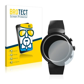 Vorderseite einer Produktverpackung mit dem Markenlogo BROTECT. Daneben ist das Gerät ASUS ZenWatch 3 1.39