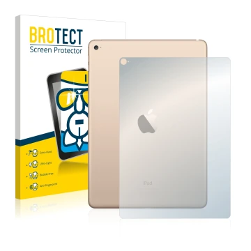 Vorderseite einer Produktverpackung mit dem Markenlogo BROTECT. Daneben ist das Gerät Apple iPad Air 2 2014 (Rückseite) mit de