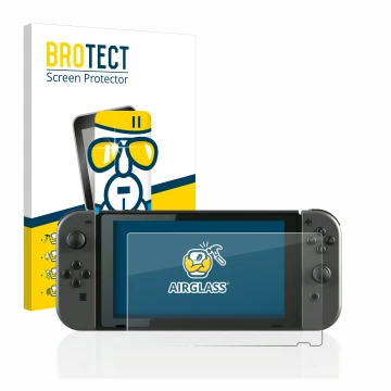 Vorderseite einer Produktverpackung mit dem Markenlogo BROTECT. Daneben ist das Gerät Nintendo Switch mit dem zugehörigen Disp
