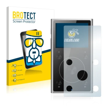 Vorderseite einer Produktverpackung mit dem Markenlogo BROTECT. Daneben ist das Gerät FiiO X1 II mit dem zugehörigen Displaysc