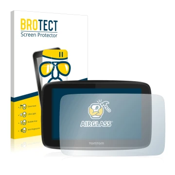 Vorderseite einer Produktverpackung mit dem Markenlogo BROTECT. Daneben ist das Gerät TomTom GO 5200 mit dem zugehörigen Displ