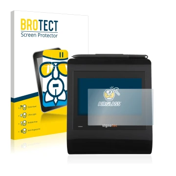 Vorderseite einer Produktverpackung mit dem Markenlogo BROTECT. Daneben ist das Gerät Signotec Signature Pad Gamma mit dem zug