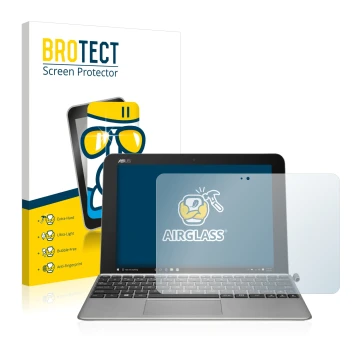 Vorderseite einer Produktverpackung mit dem Markenlogo BROTECT. Daneben ist das Gerät ASUS Transformer Mini T102HA mit dem zug