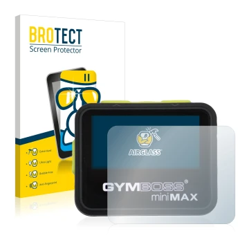 Vorderseite einer Produktverpackung mit dem Markenlogo BROTECT. Daneben ist das Gerät Gymboss Minimax mit dem zugehörigen Disp