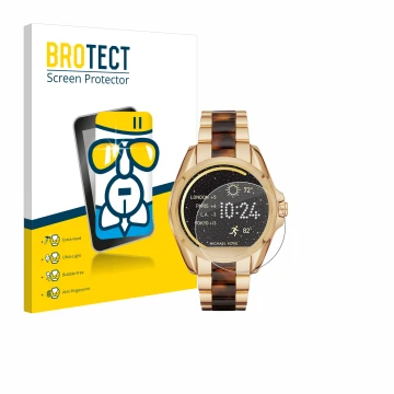 Vorderseite einer Produktverpackung mit dem Markenlogo BROTECT. Daneben ist das Gerät Michael Kors Access Bradshaw mit dem zug