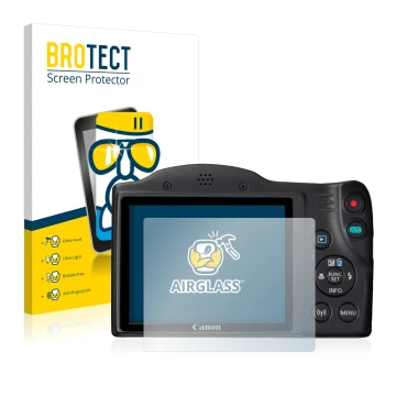 Vorderseite einer Produktverpackung mit dem Markenlogo BROTECT. Daneben ist das Gerät Canon PowerShot SX430 IS mit dem zugehör