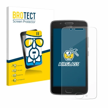 Vorderseite einer Produktverpackung mit dem Markenlogo BROTECT. Daneben ist das Gerät Motorola Moto G5 mit dem zugehörigen Dis