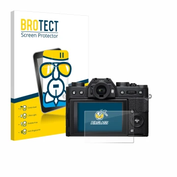 Vorderseite einer Produktverpackung mit dem Markenlogo BROTECT. Daneben ist das Gerät Fujifilm X-T20 mit dem zugehörigen Displ