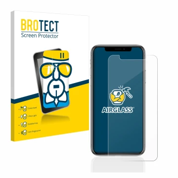 Vorderseite einer Produktverpackung mit dem Markenlogo BROTECT. Daneben ist das Gerät Apple iPhone X mit dem zugehörigen Displ