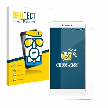 Vorderseite einer Produktverpackung mit dem Markenlogo BROTECT. Daneben ist das Gerät Xiaomi Redmi 4X mit dem zugehörigen Disp