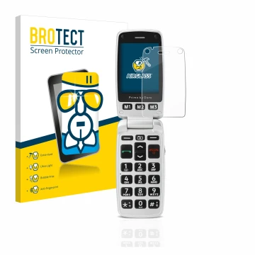 Vorderseite einer Produktverpackung mit dem Markenlogo BROTECT. Daneben ist das Gerät Doro Primo 413 mit dem zugehörigen Displ
