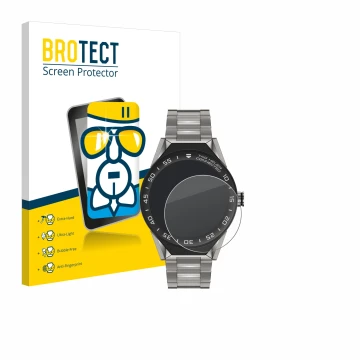 Vorderseite einer Produktverpackung mit dem Markenlogo BROTECT. Daneben ist das Gerät TAG Heuer Connected Modular 45 mit dem z