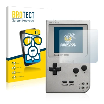 Vorderseite einer Produktverpackung mit dem Markenlogo BROTECT. Daneben ist das Gerät Nintendo Gameboy Pocket mit dem zugehöri
