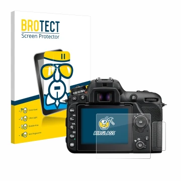 Vorderseite einer Produktverpackung mit dem Markenlogo BROTECT. Daneben ist das Gerät Nikon D7500 mit dem zugehörigen Displays