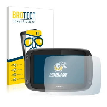 Vorderseite einer Produktverpackung mit dem Markenlogo BROTECT. Daneben ist das Gerät TomTom Rider 450 mit dem zugehörigen Dis