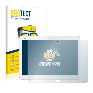 Vorderseite einer Produktverpackung mit dem Markenlogo BROTECT. Daneben ist das Gerät Huawei MediaPad M3 Lite 10.1 mit dem zug