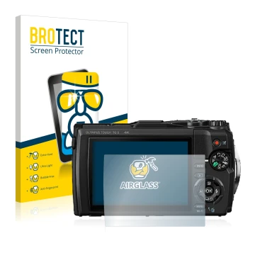 Vorderseite einer Produktverpackung mit dem Markenlogo BROTECT. Daneben ist das Gerät Olympus Tough TG-5 mit dem zugehörigen D