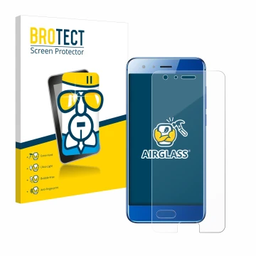 Vorderseite einer Produktverpackung mit dem Markenlogo BROTECT. Daneben ist das Gerät Honor 9 mit dem zugehörigen Displayschut