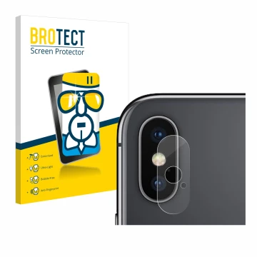 Vorderseite einer Produktverpackung mit dem Markenlogo BROTECT. Daneben ist das Gerät Apple iPhone X (NUR Kameraschutz) mit de