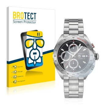 Vorderseite einer Produktverpackung mit dem Markenlogo BROTECT. Daneben ist das Gerät TAG Heuer Formula 1 (44 mm) mit dem zuge
