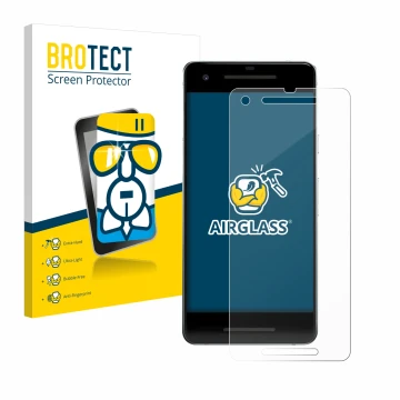 Vorderseite einer Produktverpackung mit dem Markenlogo BROTECT. Daneben ist das Gerät Google Pixel 2 mit dem zugehörigen Displ