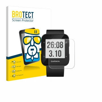 Vorderseite einer Produktverpackung mit dem Markenlogo BROTECT. Daneben ist das Gerät Garmin Forerunner 30 mit dem zugehörigen