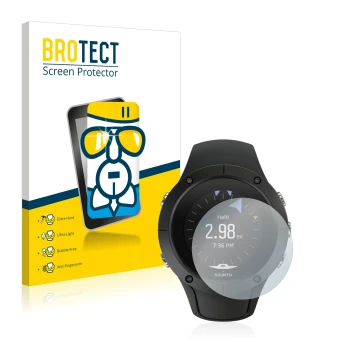 Vorderseite einer Produktverpackung mit dem Markenlogo BROTECT. Daneben ist das Gerät Suunto Spartan Trainer Wrist HR mit dem 